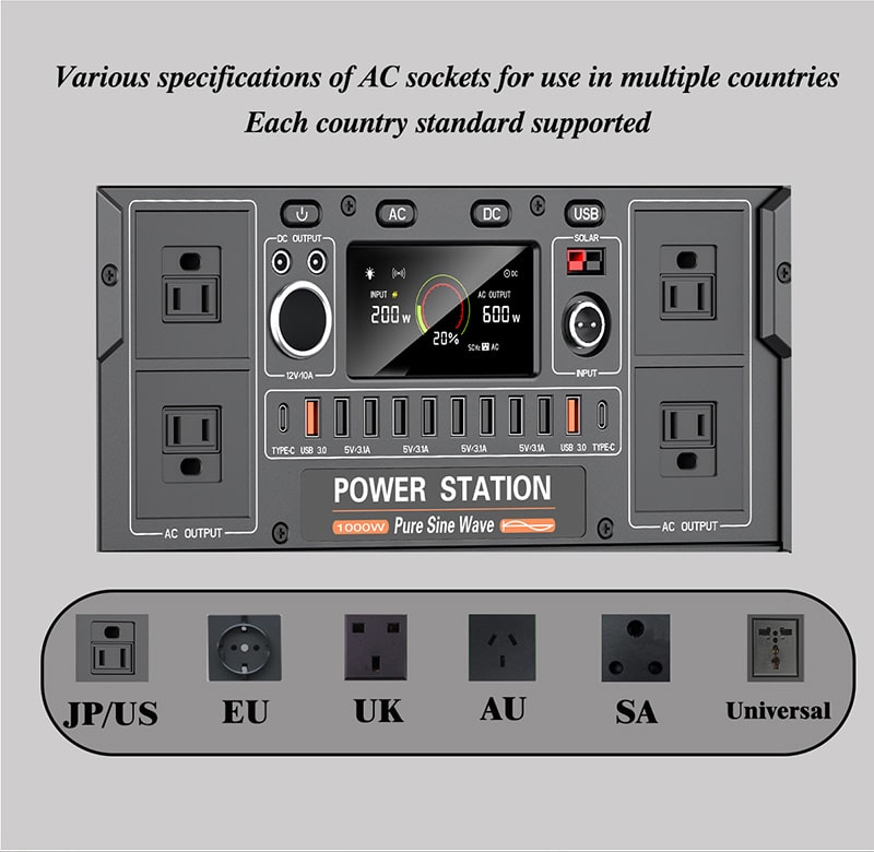 cheap portable power station 1200w AC socks for many countires