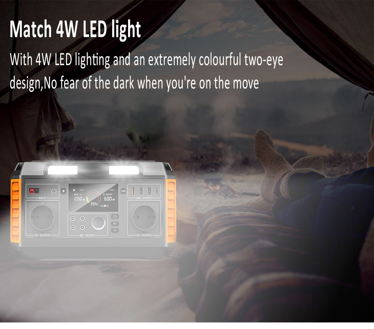 stesen janakuasa bateri mudah alih 600w dengan lampu led dihidupkan